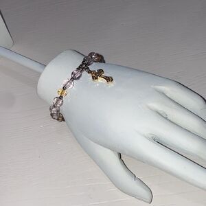 Elegant Beaded Bracelet with Cross Charm Gold Tone Clear Tan Beads